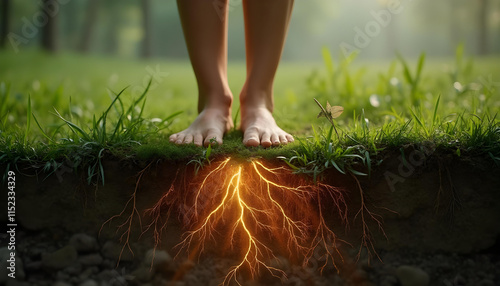 Fototapeta Naklejka Na Ścianę i Meble -  Bare feet glowing with vibrant energy, connected to roots on forest ground at sunrise. Planet Earth