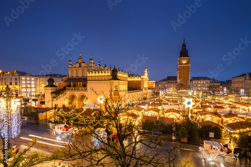 View of the Krakow Christmas Market 2024 and the historic Old Town Square, beautifully illuminated with festive lights and vibrant holiday atmosphere.