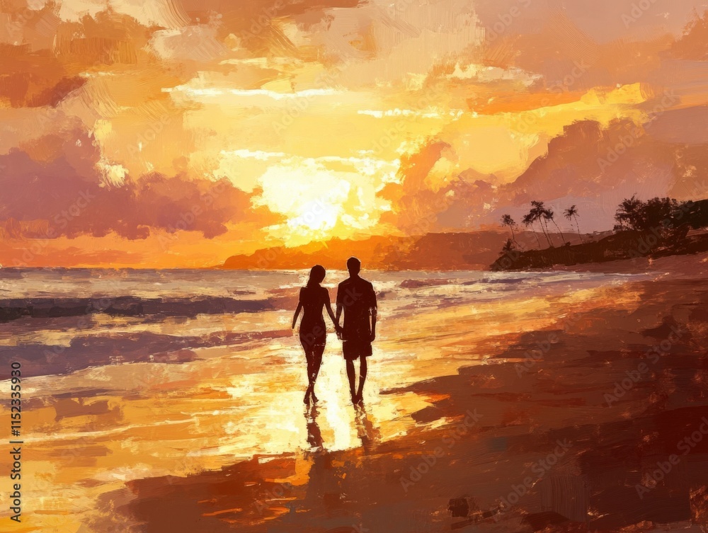 Naklejka premium a couple walks hand in hand on the beach at sunset