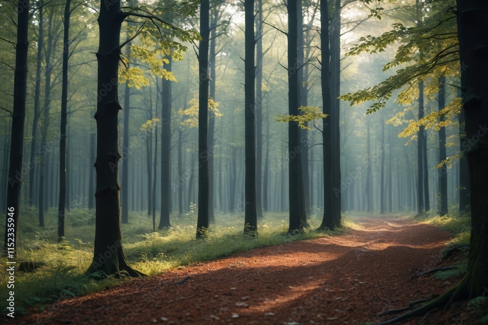 Obraz premium trees in the woods are lit by the sun and the sun is shining