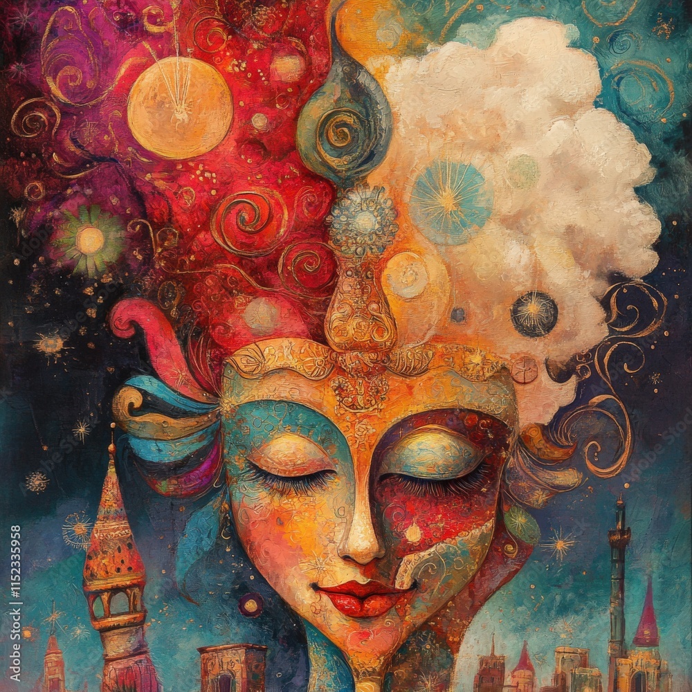Abstract face painting with whimsical background elements Abstract face painting with whimsical background elements