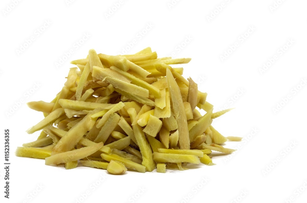 Raw Ginger Slices Heap Isolated on White Background with Copy Space Raw Ginger Slices Heap Isolated on White Background with Copy Space