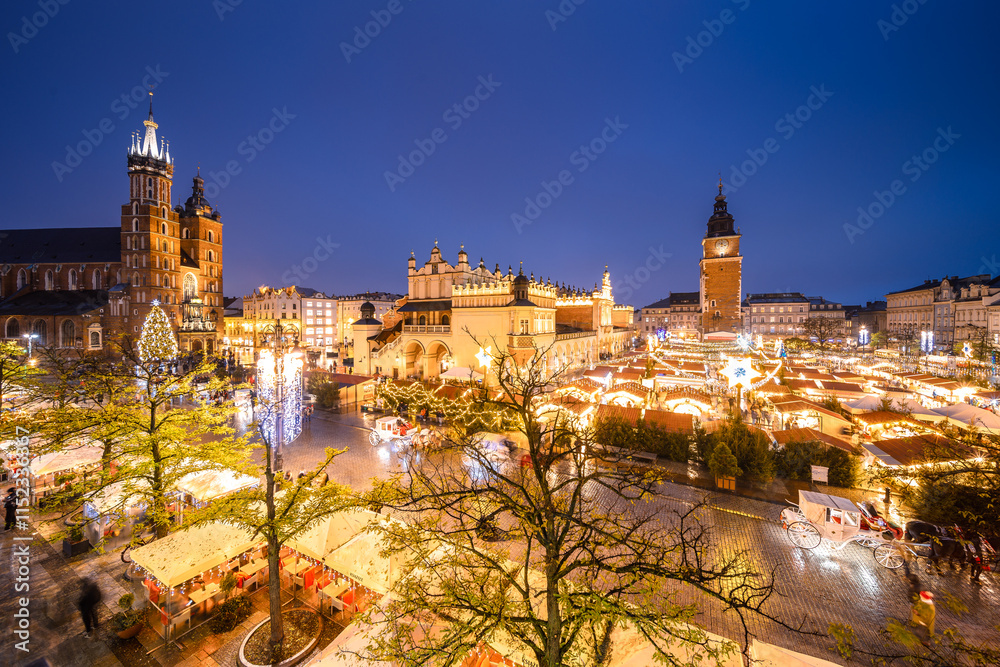 View of the Krakow Christmas Market 2024 and the historic Old Town Square, beautifully illuminated with festive lights and vibrant holiday atmosphere.