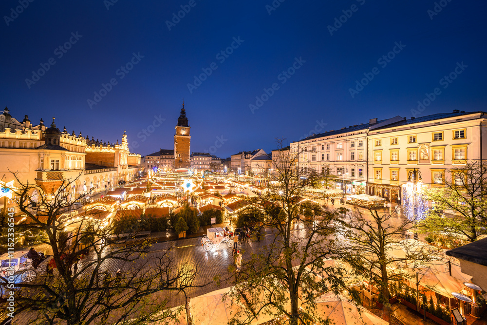 View of the Krakow Christmas Market 2024 and the historic Old Town Square, beautifully illuminated with festive lights and vibrant holiday atmosphere.