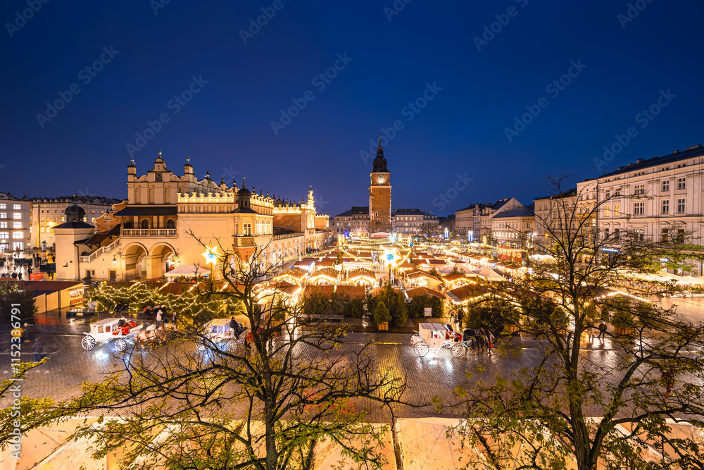 View of the Krakow Christmas Market 2024 and the historic Old Town Square, beautifully illuminated with festive lights and vibrant holiday atmosphere.