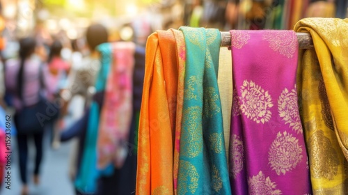 Vibrant Fabrics Displayed in Bustling Market Scene photo