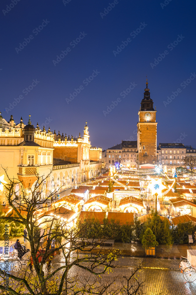 View of the Krakow Christmas Market 2024 and the historic Old Town Square, beautifully illuminated with festive lights and vibrant holiday atmosphere.