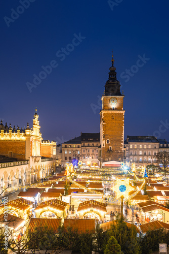 View of the Krakow Christmas Market 2024 and the historic Old Town Square, beautifully illuminated with festive lights and vibrant holiday atmosphere.