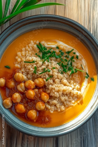 Cuscús Bil Garah servido en un plato de cerámica con garbanzos y caldo aromático photo