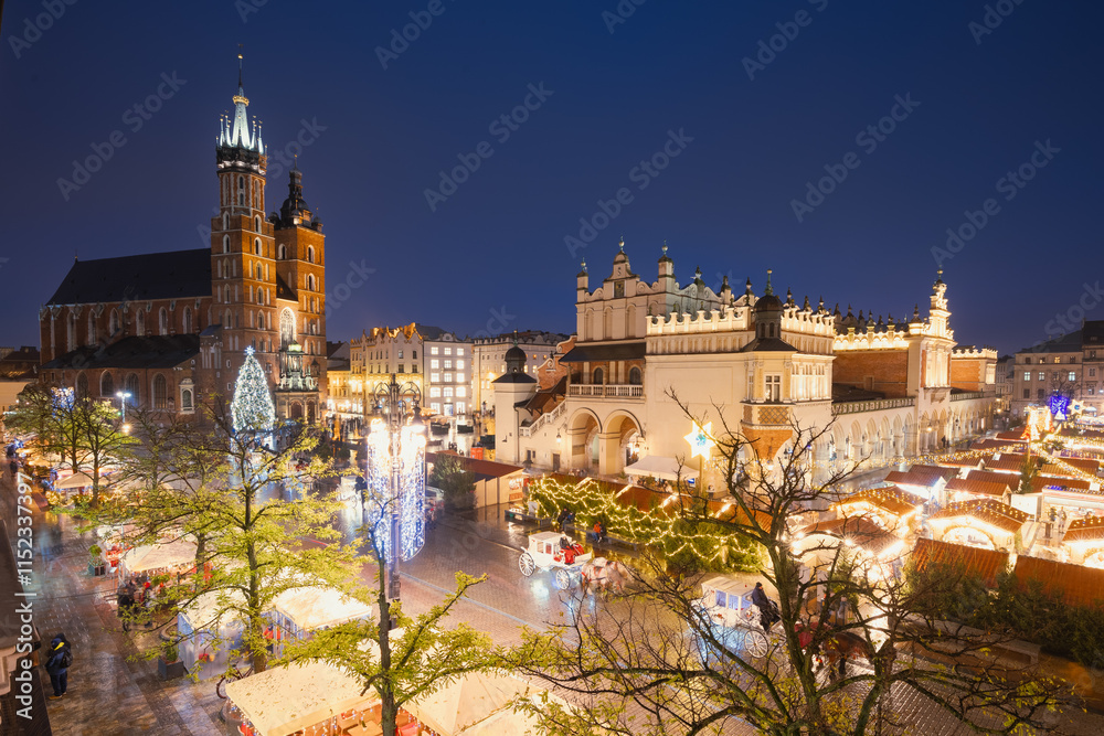 View of the Krakow Christmas Market 2024 and the historic Old Town Square, beautifully illuminated with festive lights and vibrant holiday atmosphere.