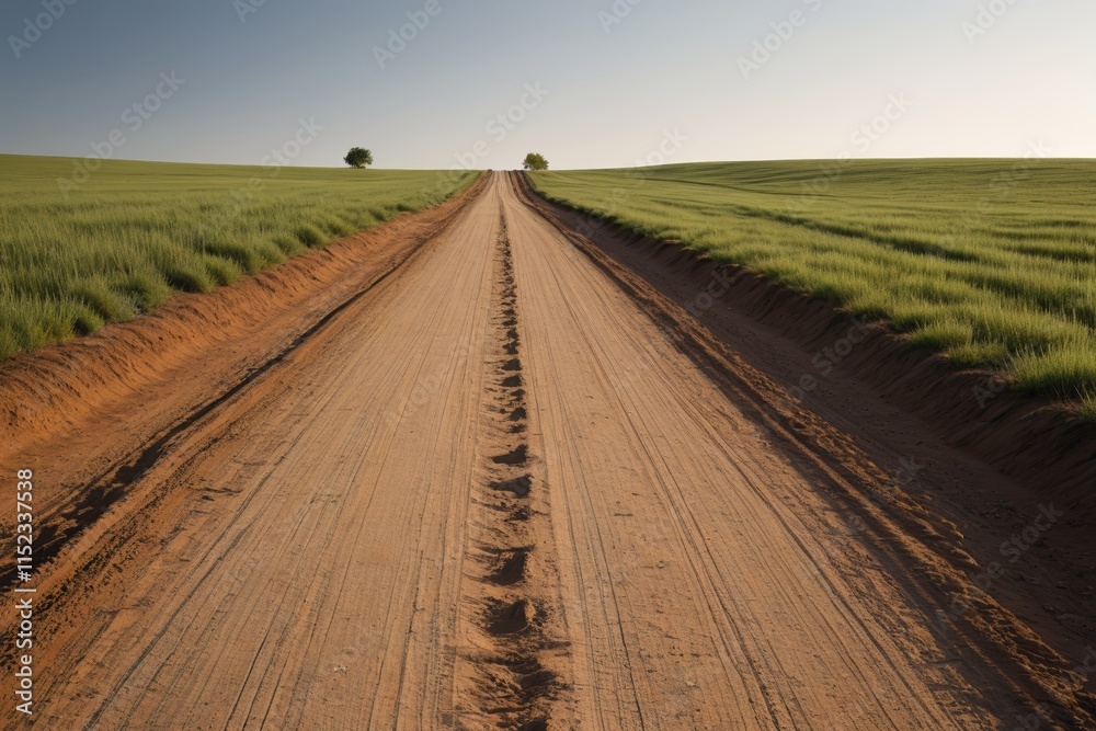 Naklejka premium dirt road with tracks in the middle of a field with a lone tree
