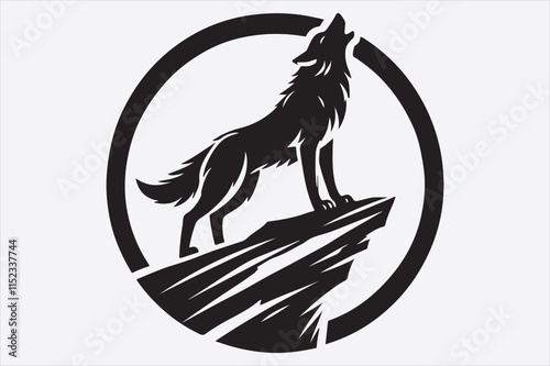 A stylized black and white silhouette of a wolf howling. photo