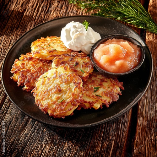 Crispy potato latkes with sour cream and applesauce rustic kitchen food cozy setting culinary delight photo