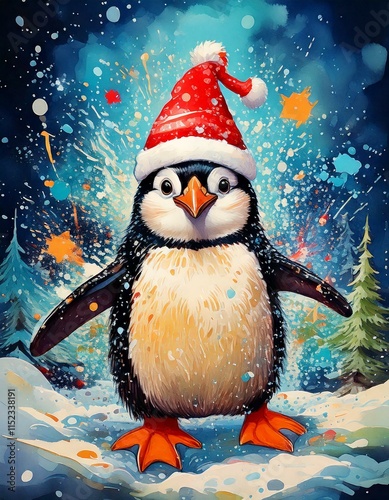 A Bubbly penguin with a Christmas hat on dancing in the snow
