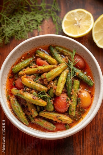 Bamia Bil Laymon, un delicioso plato de okra en salsa de tomate y limón, ideal para compartir en familia photo