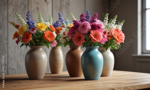 Wallpaper Mural Decorative vases filled with fresh flowers on a wooden table background, table, flowers, flat lay Torontodigital.ca