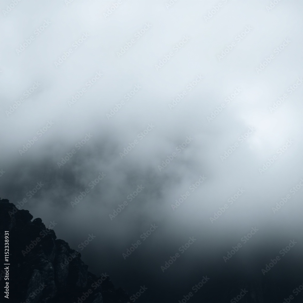 Naklejka premium Close-up, long and wide banner, showcasing a black and white stone mountain in thick fog. The dark gray grunge banner offers space for design.