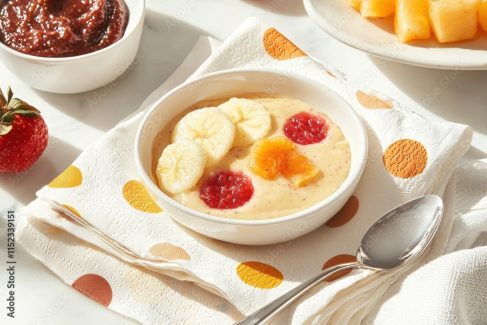 Refreshing breakfast bowl with bold patterns on napkin bright kitchen food cheerful environment Refreshing breakfast bowl with bold patterns on napkin bright kitchen food cheerful environment