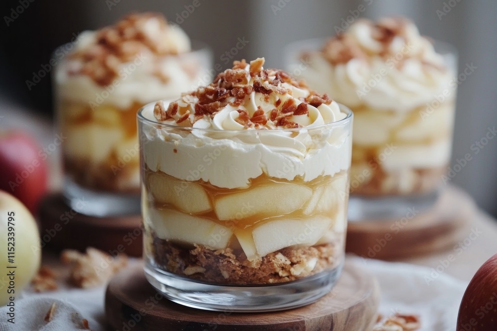Delicious layers of cream, caramel, and apples create a decadent dessert experience Delicious layers of cream, caramel, and apples create a decadent dessert experience