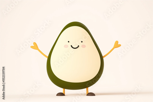 A smiling avocado character with arms outstretched on a clean white background, expressing friendliness and positivity with abundant copy space. photo