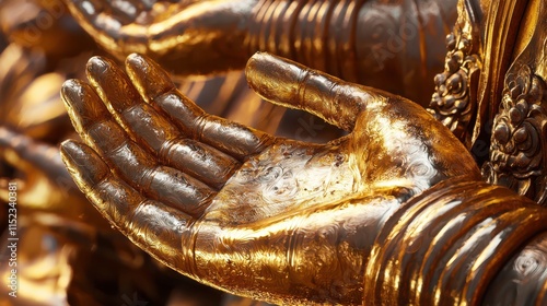 Golden Hands of Serenity: A Close-Up of Ornate Buddha Statues photo