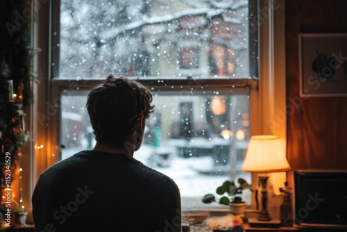 man looks out window at falling snow