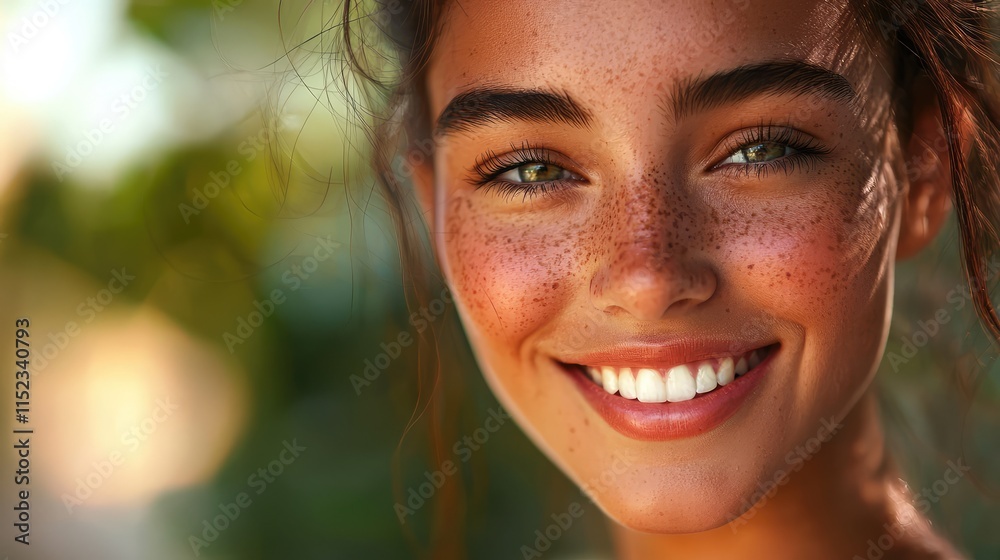 Fototapeta premium smiling young woman with freckles in a natural setting