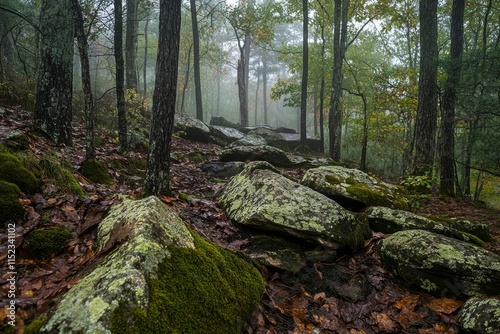 A photograph of a dark pine forest, with mossy rocks in the foreground and mist in the background. 