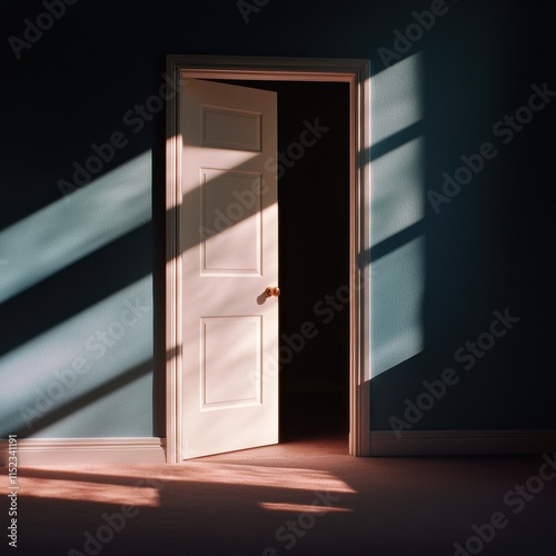 Vibrant light illuminates an open door in a dark room capturing mystery and hope indoor perspective