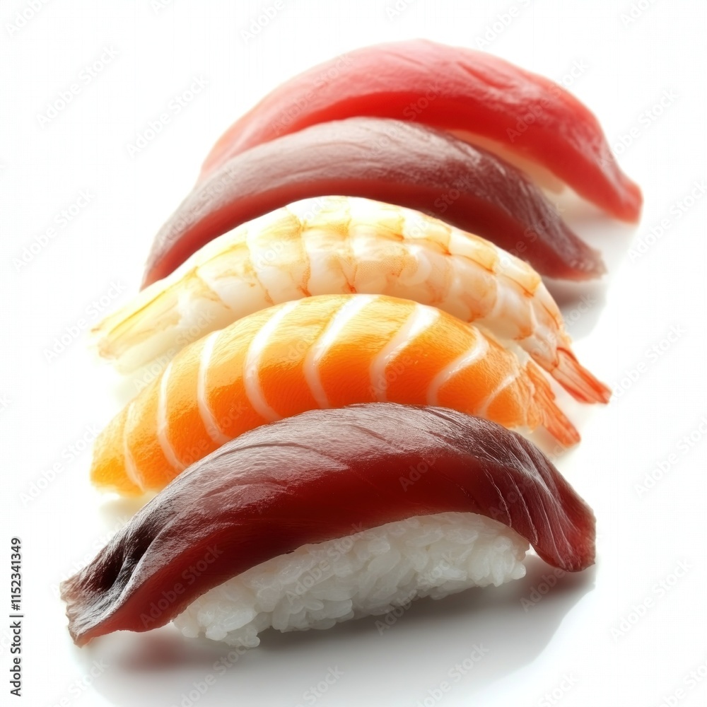 Colorful sushi nigiri features fresh fish over soft rice, highlighting culinary artistry Colorful sushi nigiri features fresh fish over soft rice, highlighting culinary artistry