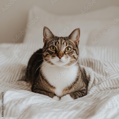 Wallpaper Mural Cat rests on bed with white linens, looking curiously at the camera, showcasing its playful nature Torontodigital.ca