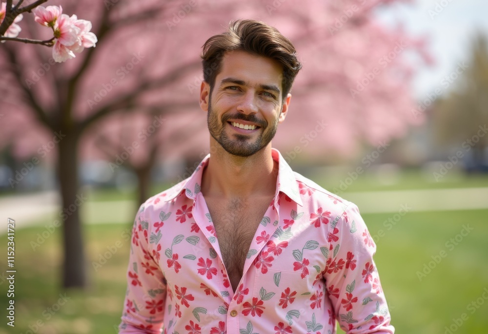 Man in floral shirt smiling pink flowers in background Man in floral shirt smiling pink flowers in background