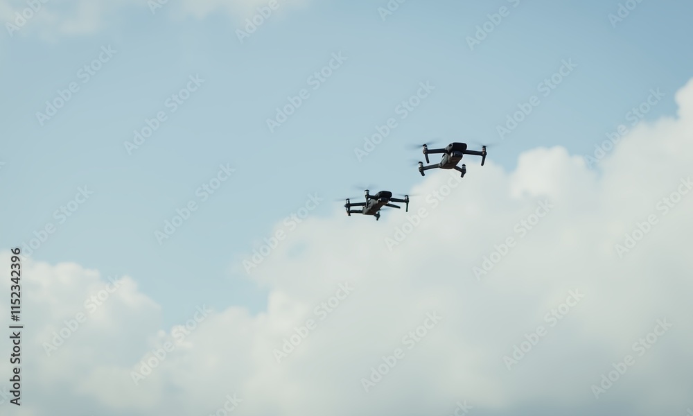 A dynamic drone soaring high against a vibrant blue sky, capturing the essence of exploration and aerial photography. Ideal for projects related to technology and outdoor activities A dynamic drone soaring high against a vibrant blue sky, capturing the essence of exploration and aerial photography. Ideal for projects related to technology and outdoor activities