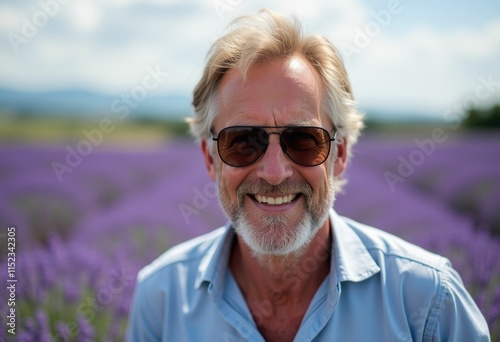 A man with a white beard smiles in a field of lavender