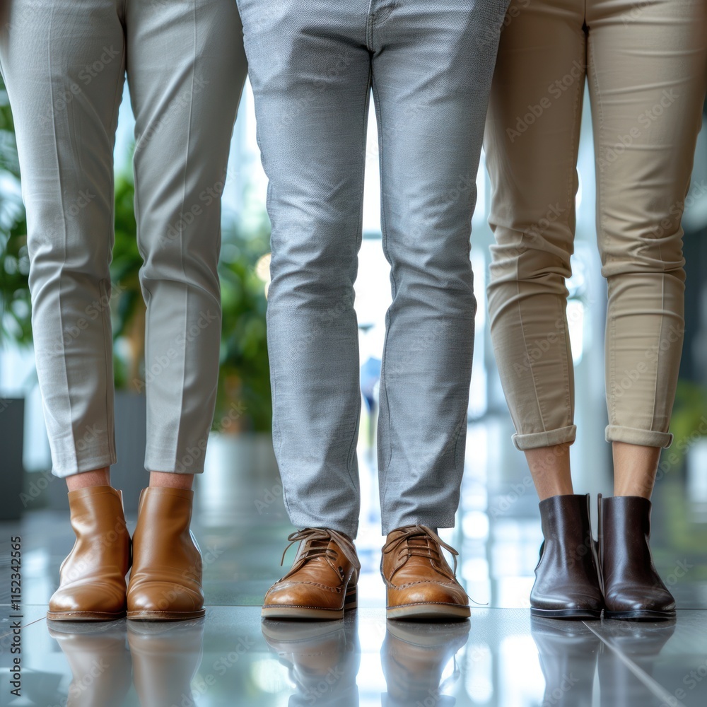 Office dress code diversity: Employees' legs in smart and casual pants and jeans standing in a row on office floor. Office dress code diversity: Employees' legs in smart and casual pants and jeans standing in a row on office floor.