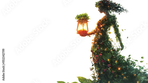 An Earth Day nature spirit embodies greenery while holding a glowing hourglass in a lush, vibrant setting on transparent background photo