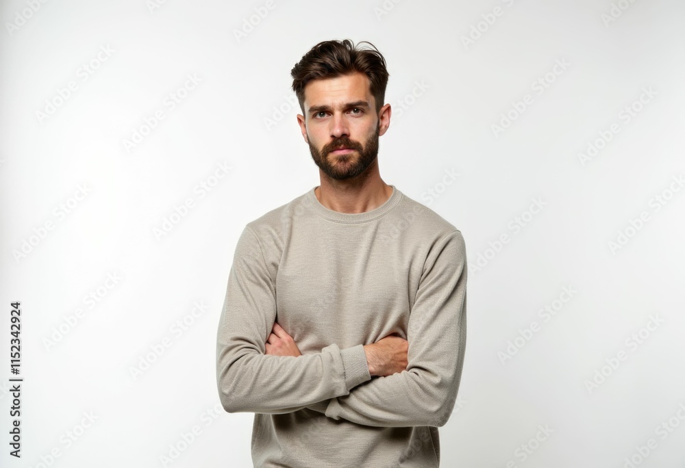 A man with a beard and a neutral expression arms crossed stands against a white background. A man with a beard and a neutral expression arms crossed stands against a white background.