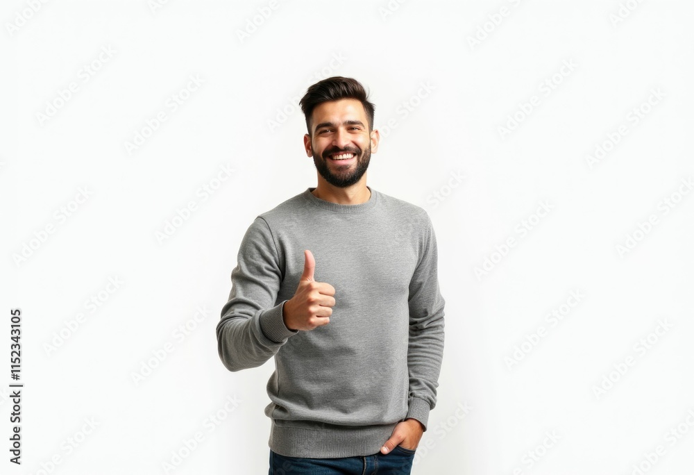 Smiling man with beard gives thumbs up in grey sweater Smiling man with beard gives thumbs up in grey sweater