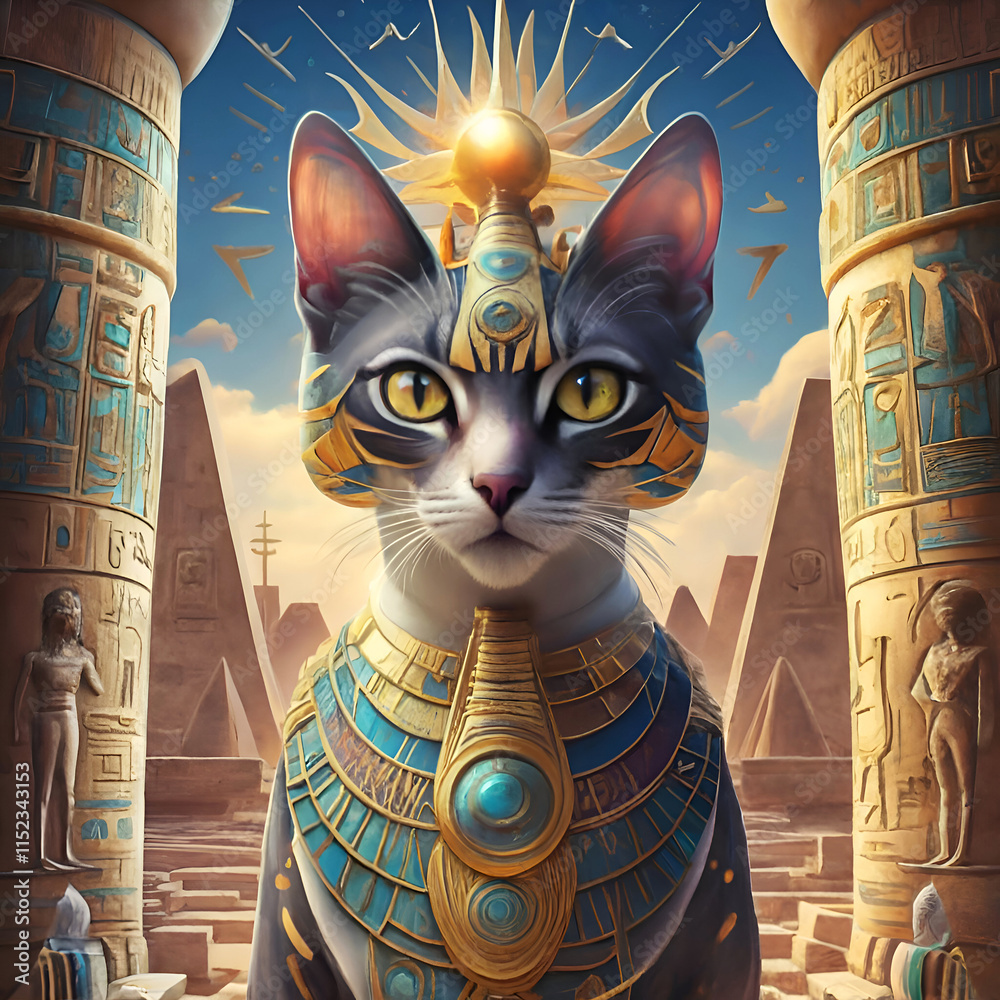 black egyptian Bastet cat seating on stone at temple background with columns and hieroglyphs. Egyptian goddess Bastet. Ai generated