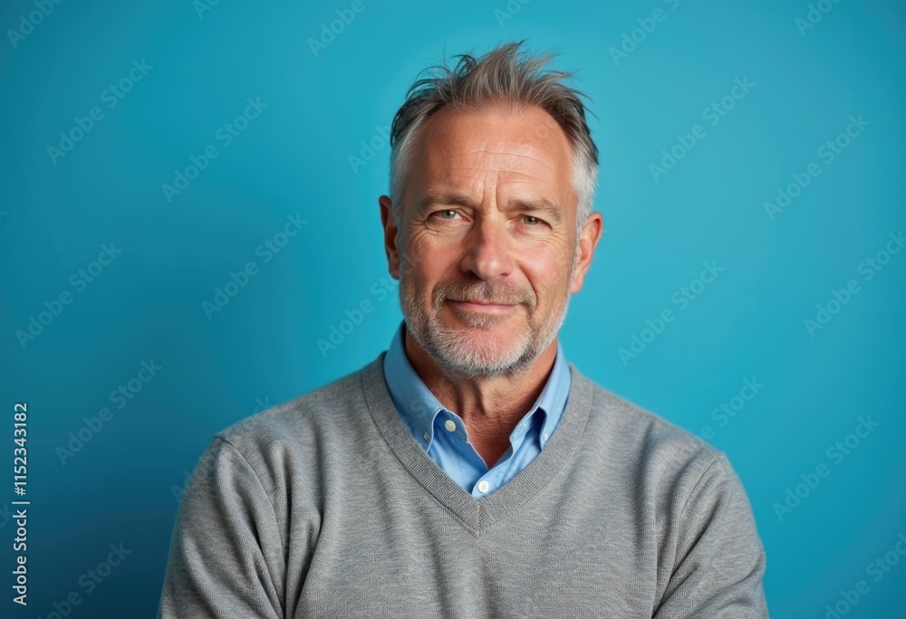 Obraz premium A man with a beard and gray hair smiles gently against a blue background.