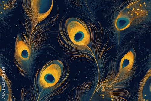  Seamless pattern of golden peacock feathers with a dark background photo