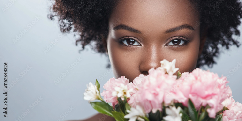 Beautiful woman holding pink flowers with a serene expression Beautiful woman holding pink flowers with a serene expression