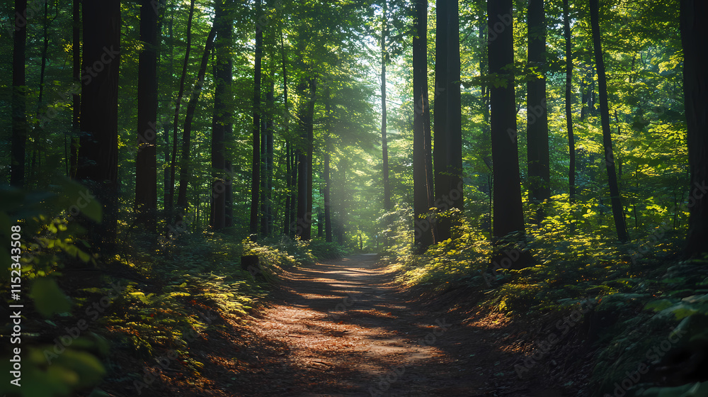 Fototapeta premium A lush and serene forest pathway surrounded by towering trees and dappled sunlight, ultra-realistic. Dappled. Illustration