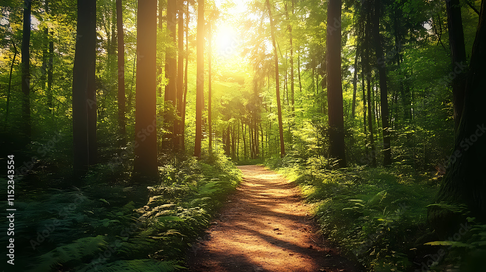 Obraz premium A lush and serene forest pathway surrounded by towering trees and dappled sunlight, ultra-realistic. Dappled. Illustration