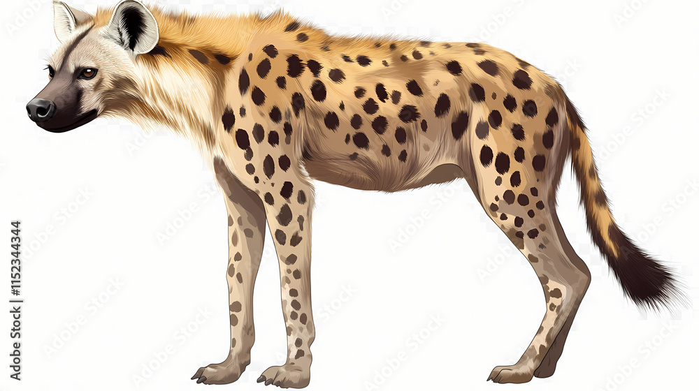 A spotted hyena on transparent png or white background, africa. crocuta crocuta, carnivore animal, wild life. Dappled. Illustration A spotted hyena on transparent png or white background, africa. crocuta crocuta, carnivore animal, wild life. Dappled. Illustration