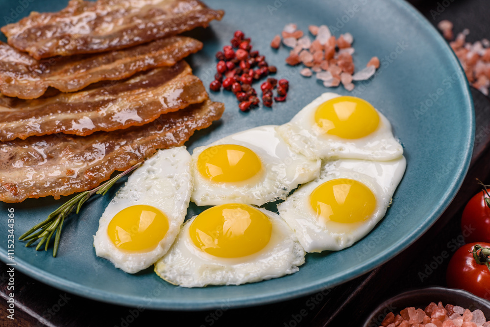 A hearty, delicious breakfast with fried eggs, bacon and tomatoes A hearty, delicious breakfast with fried eggs, bacon and tomatoes