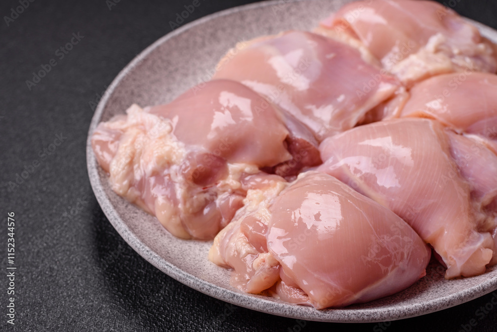 Fresh raw chicken thigh fillets with salt, spices and herbs Fresh raw chicken thigh fillets with salt, spices and herbs