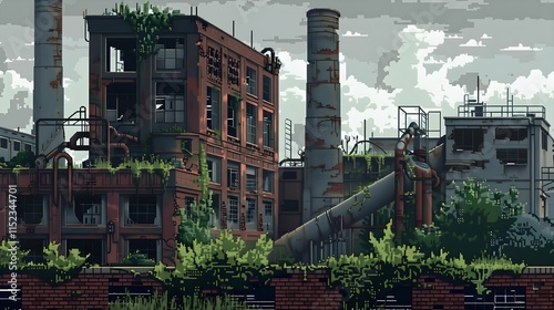 Abandoned industrial site overgrown with greenery and cloudy sky