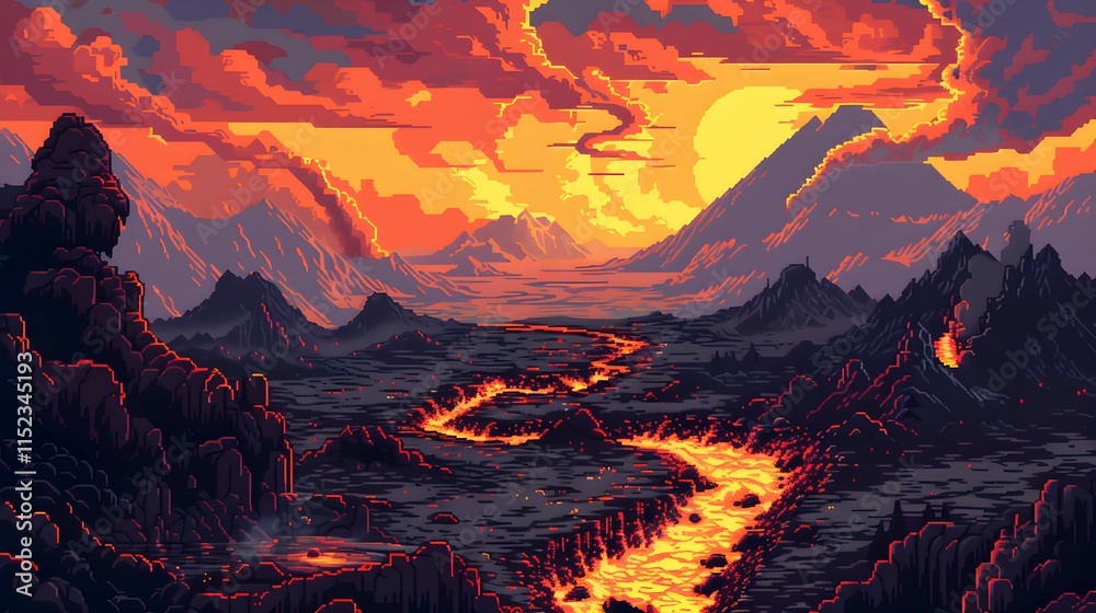Fototapeta premium Vivid sunset over a lava-filled landscape in a fantasy world