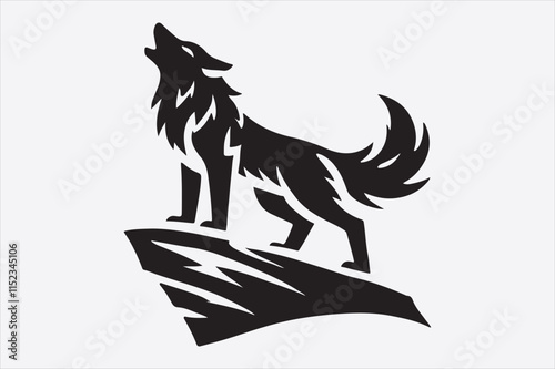 A stylized black and white silhouette of a wolf howling.